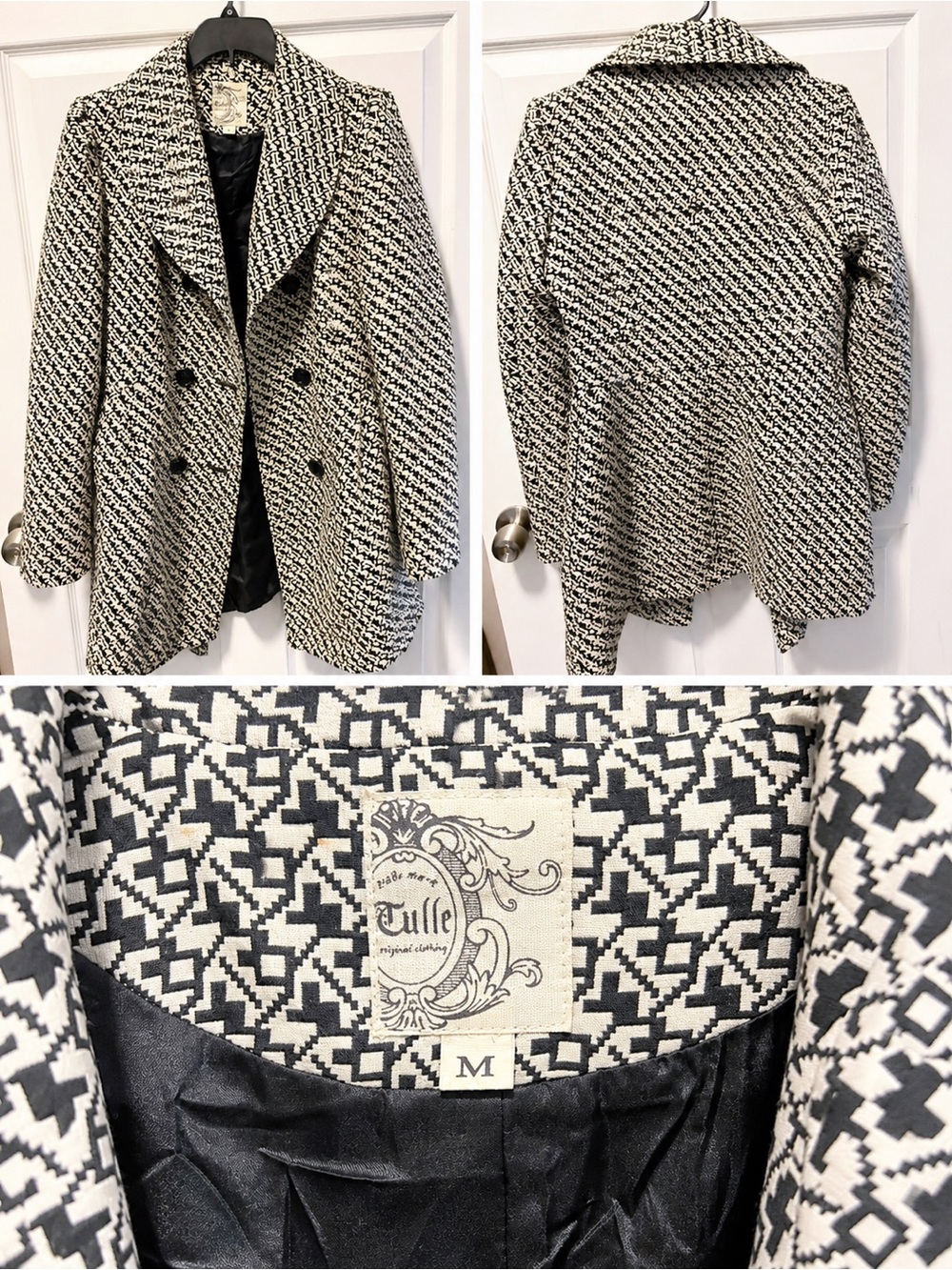 Tulle Black and White Textured Double-Breasted Pea Coat